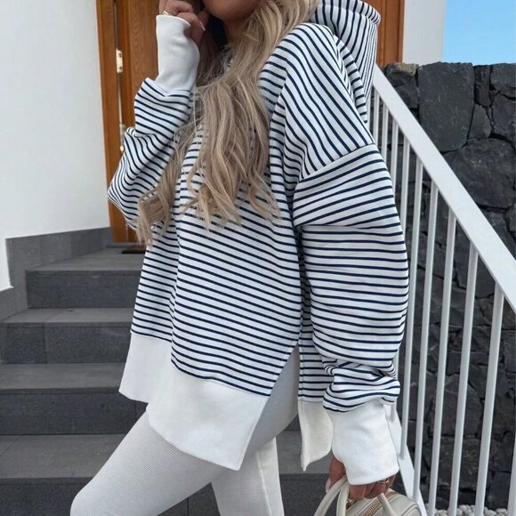 Tops - Blue Casual Women's Striped Print Hooded Sweatshirt